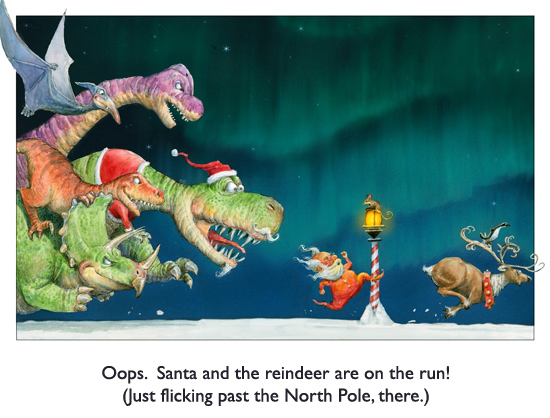Massive, sharp-tooth dinosaurs are chasing Santa and his reindeer all around the North Pole.